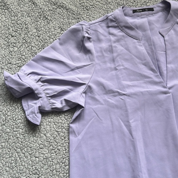 Famulily V Neck Puff Sleeve Solid Loose Fit Casual Summer Flowy Shirt Dress - Picture 8 of 11